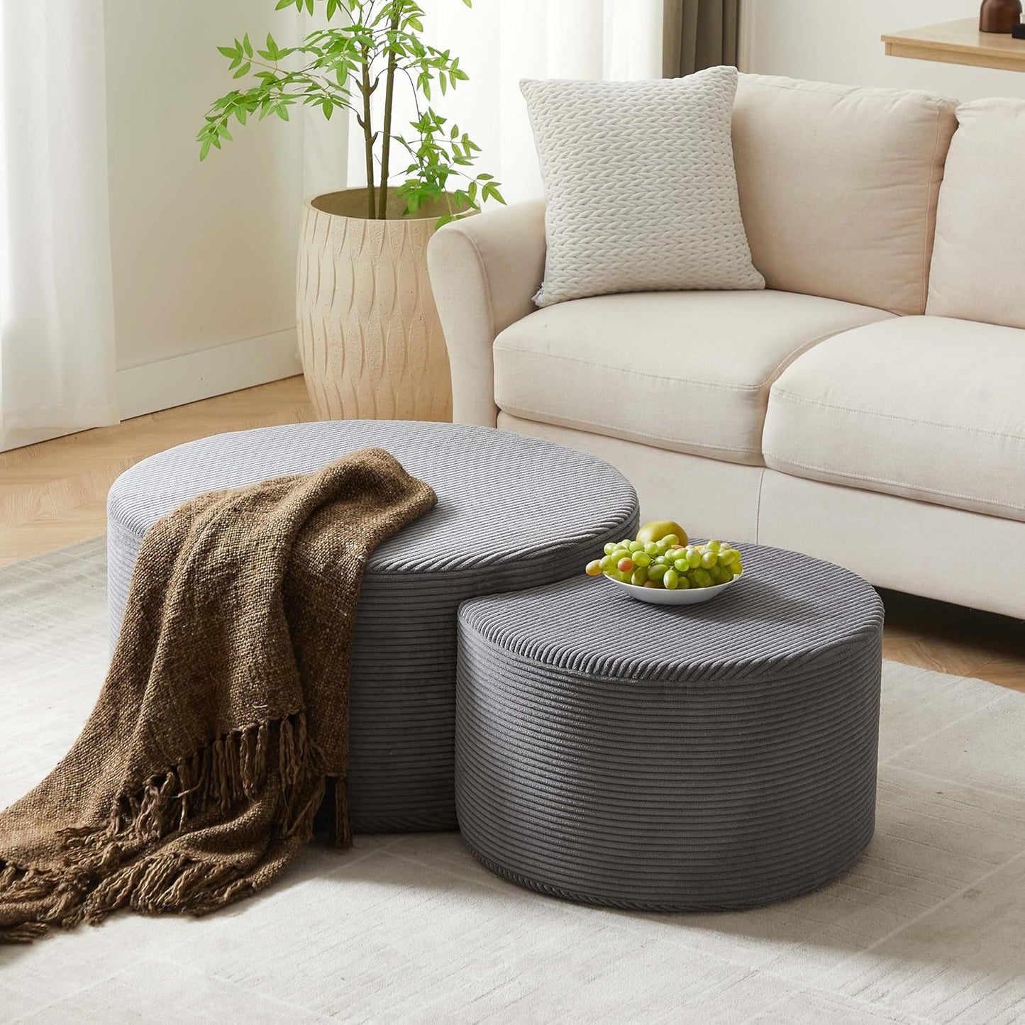 WILLIAMSPACE 50" Foam Nesting Coffee Table Set of 2, Modern Upholstered Round Center Tables for Living Room, Accent Side Tea Table Ottoman, No Assembly - Grey