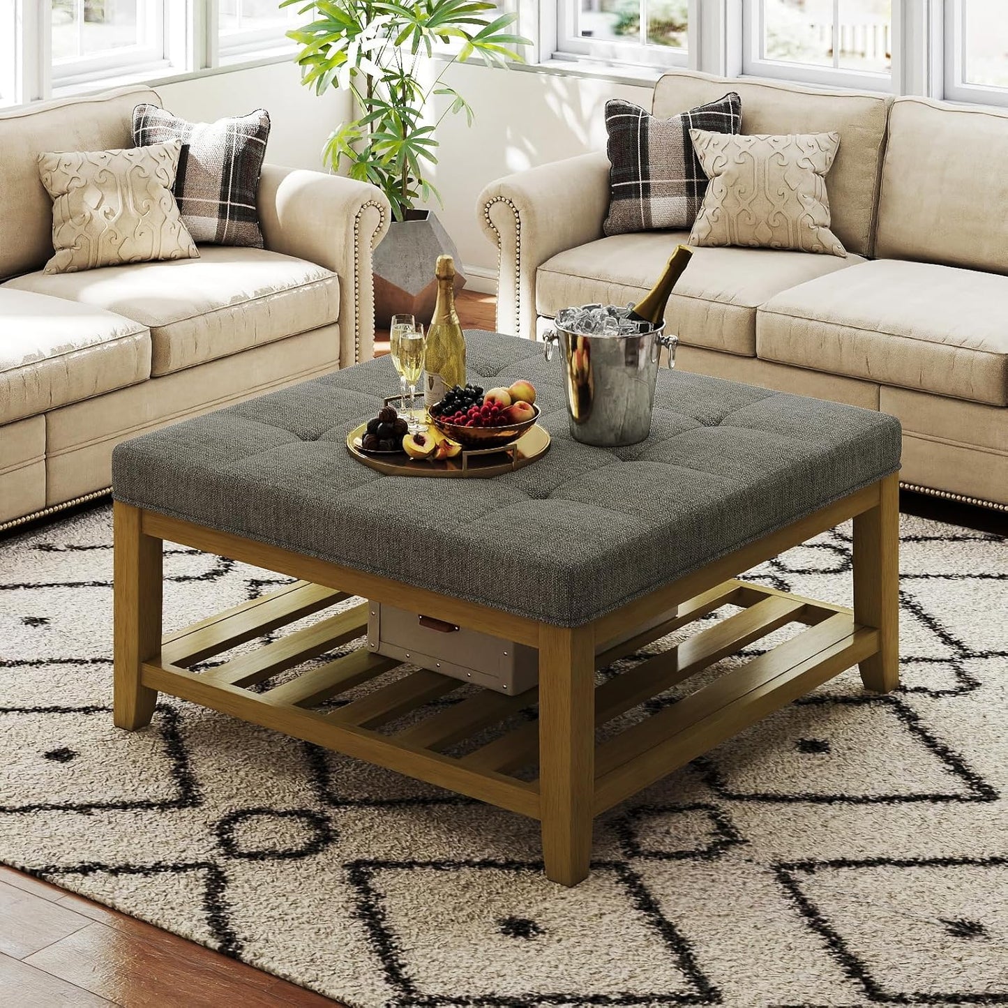 Large Square Ottoman Coffee Table, Linen Solid Upholstered Footrest Ottoman with Solid Wood Shelf Storage Tufted Coffee Table for Bedroom Living Room, Granite