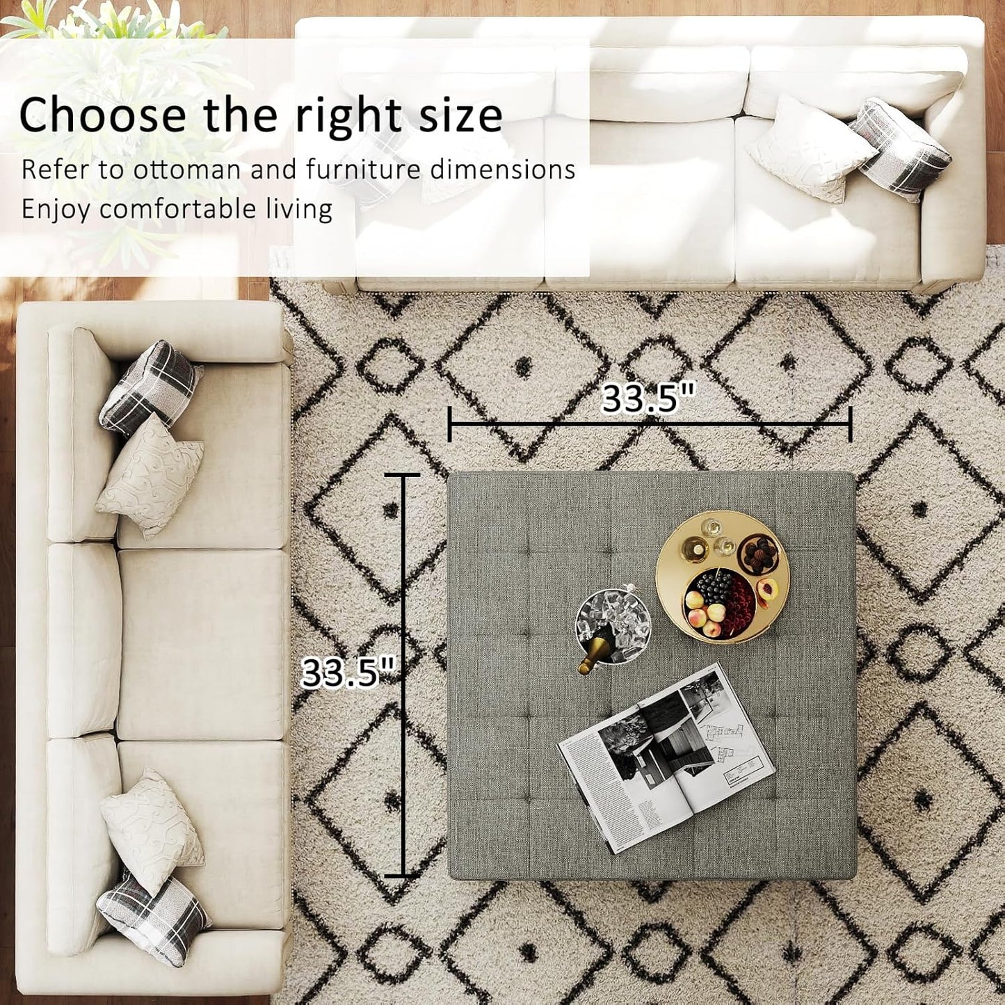 Large Square Ottoman Coffee Table, Linen Solid Upholstered Footrest Ottoman with Solid Wood Shelf Storage Tufted Coffee Table for Bedroom Living Room, Granite