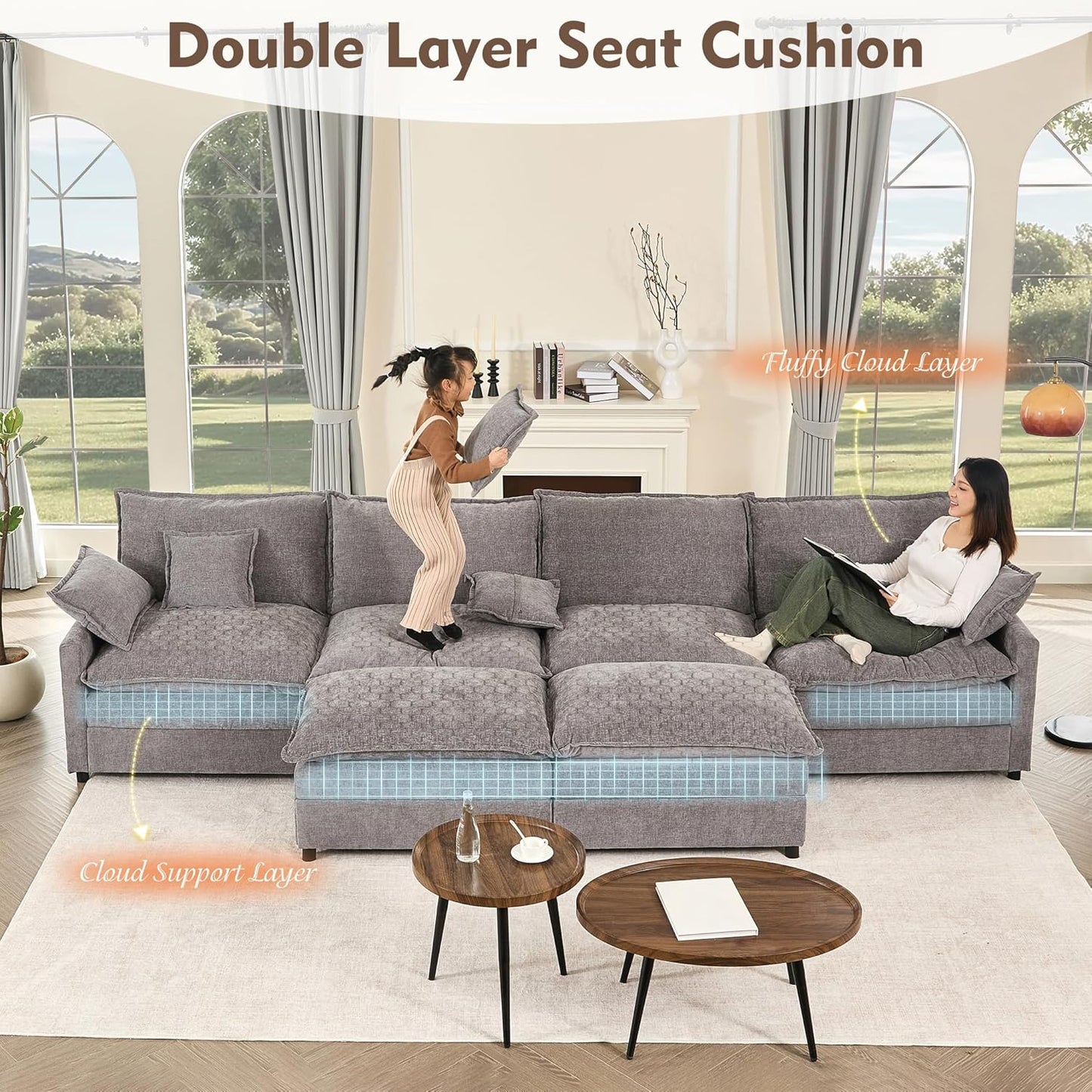 142.5" U Shaped Couch, Modular Sectional Sofa, 3-Seater Comfy Cloud Couch with Movable Ottoman, Deep Seat Couches for Living Room, Chenille, Slate