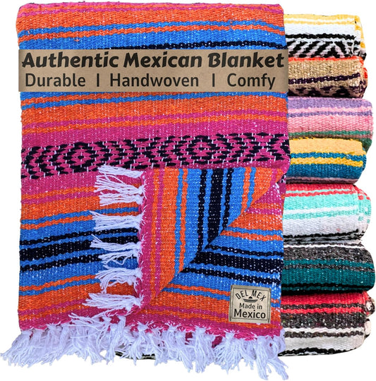 Del Mex Classic Mexican Blanket, Large Authentic Woven Falsa Throw (70"x50"), Artisan Southwest Décor for Beach, Yoga, Outdoors (Turquoise/Pink/Orange)