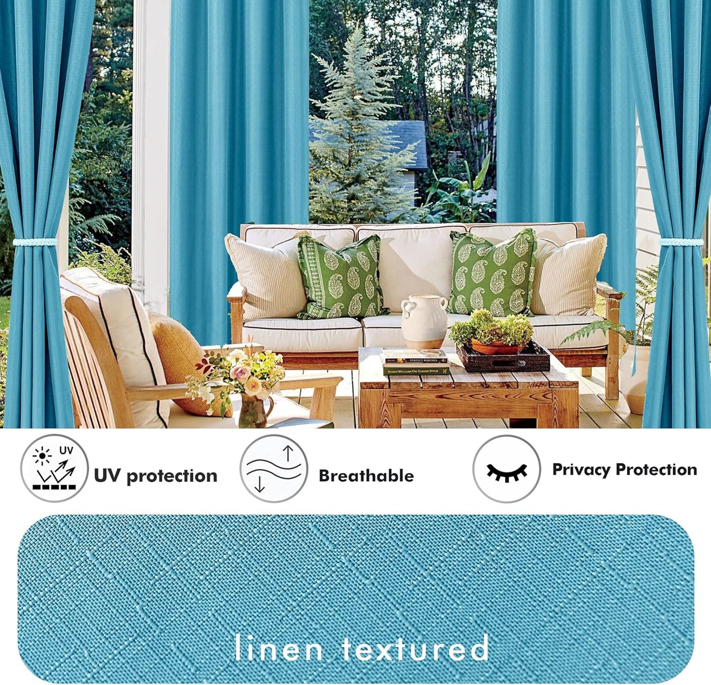 HolidayIdeas 4 Panels Linen Outdoor Curtains for Patio Waterproof Teal Gazebo Privacy Curtains 110" Wide x 95" Long-Indoor/Outdoor Wide Curtains Weatherproof for Pergola, Porch, Backyard, Deck
