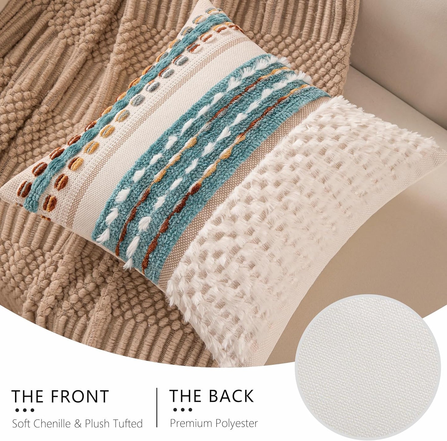 Boho Chenille Tufted Couch Throw Pillow Covers 18x18 Inch Set of 2 Farmhouse Striped Decorative Pillow Covers Accent Neutral Pillowcase Teal Cushion Cover for Living Room Sofa Bed