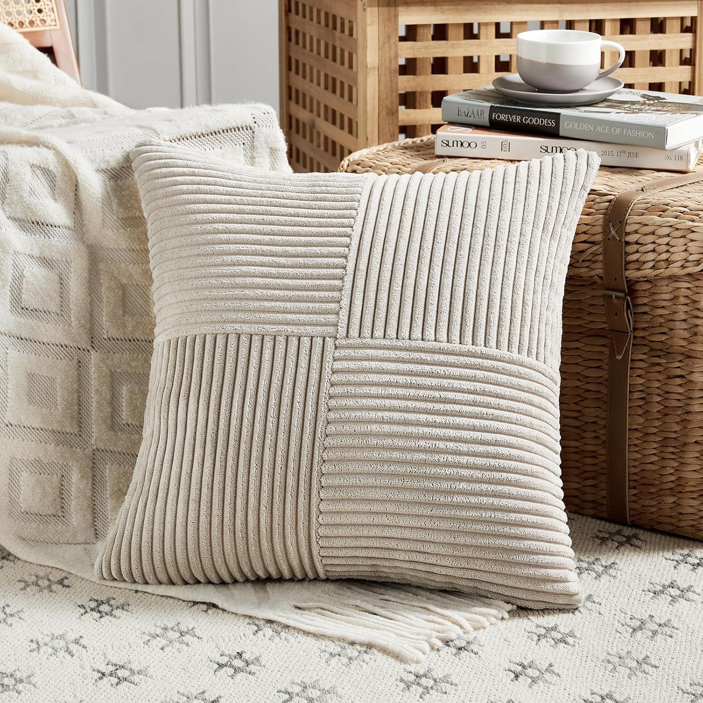 Fancy Homi 2 Packs Neutral Taupe Decorative Throw Pillow Covers 16x16 Inch for Living Room Couch Bed, Rustic Farmhouse Boho Home Decor, Soft Corss Patchwork Corduroy Textured Square Cushion Case 40cm