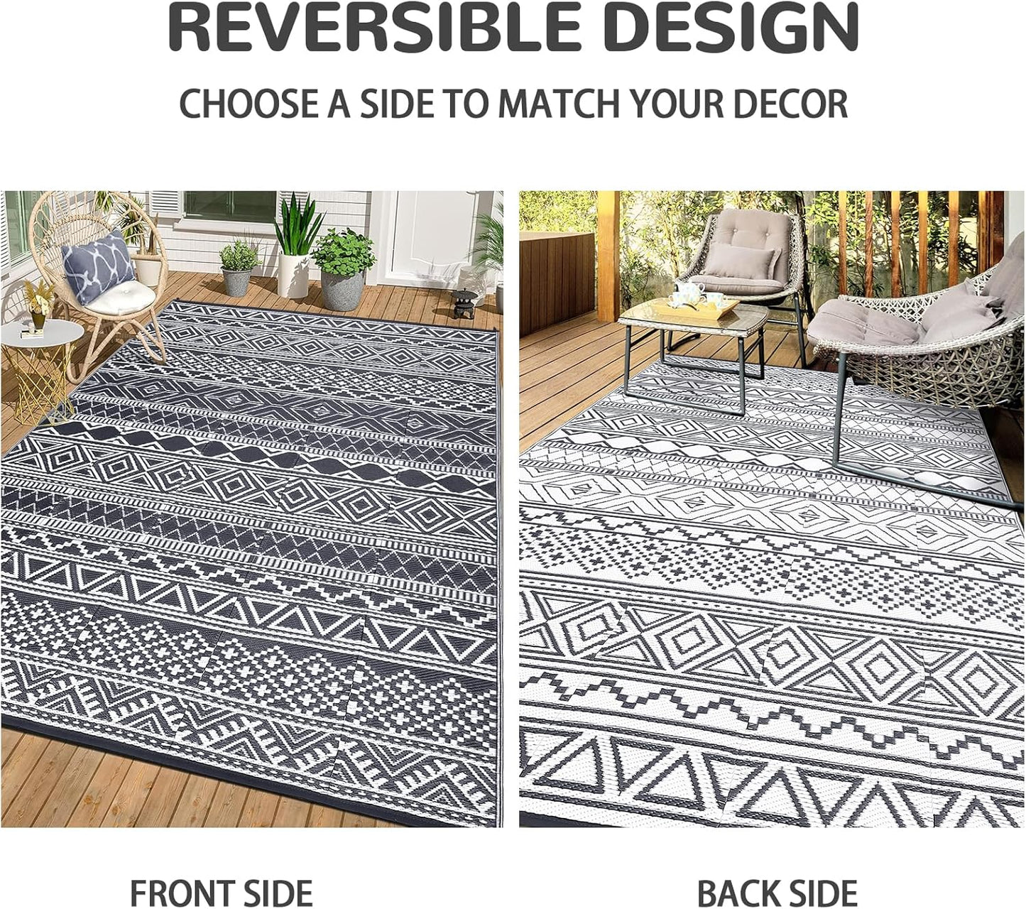 GAOMON Reversible Outdoor Rug 9'x18' Waterproof Plastic Straw Rug, Patio Rug, Large Modern Area Rug Carpet, Indoor Outdoor Rugs for Camping, Porch, Deck, Balcony, Backyard, Grey/White(Bohemia)