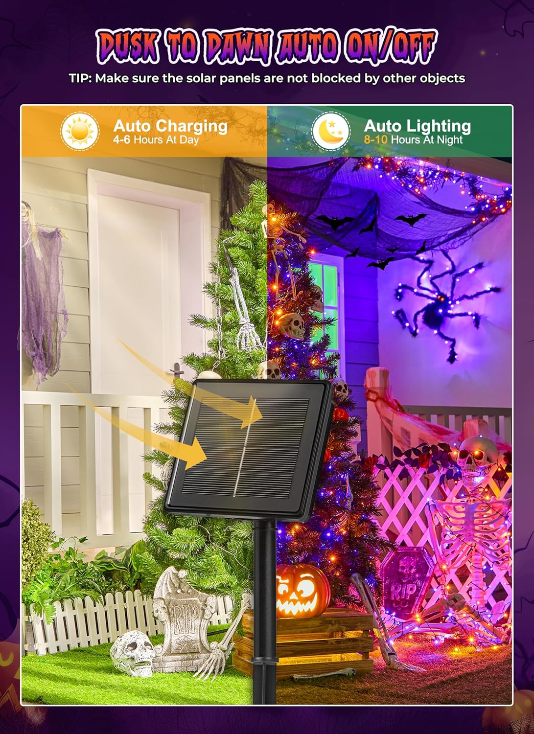 Brightown 2 Pack Halloween Solar String Lights Outdoor, Total 144Ft 400 LED Twinkle Fairy Lights Waterproof with 8 Modes Auto On/Off for Patio Tree Garden Party Home Decorations (Orange&Purple)