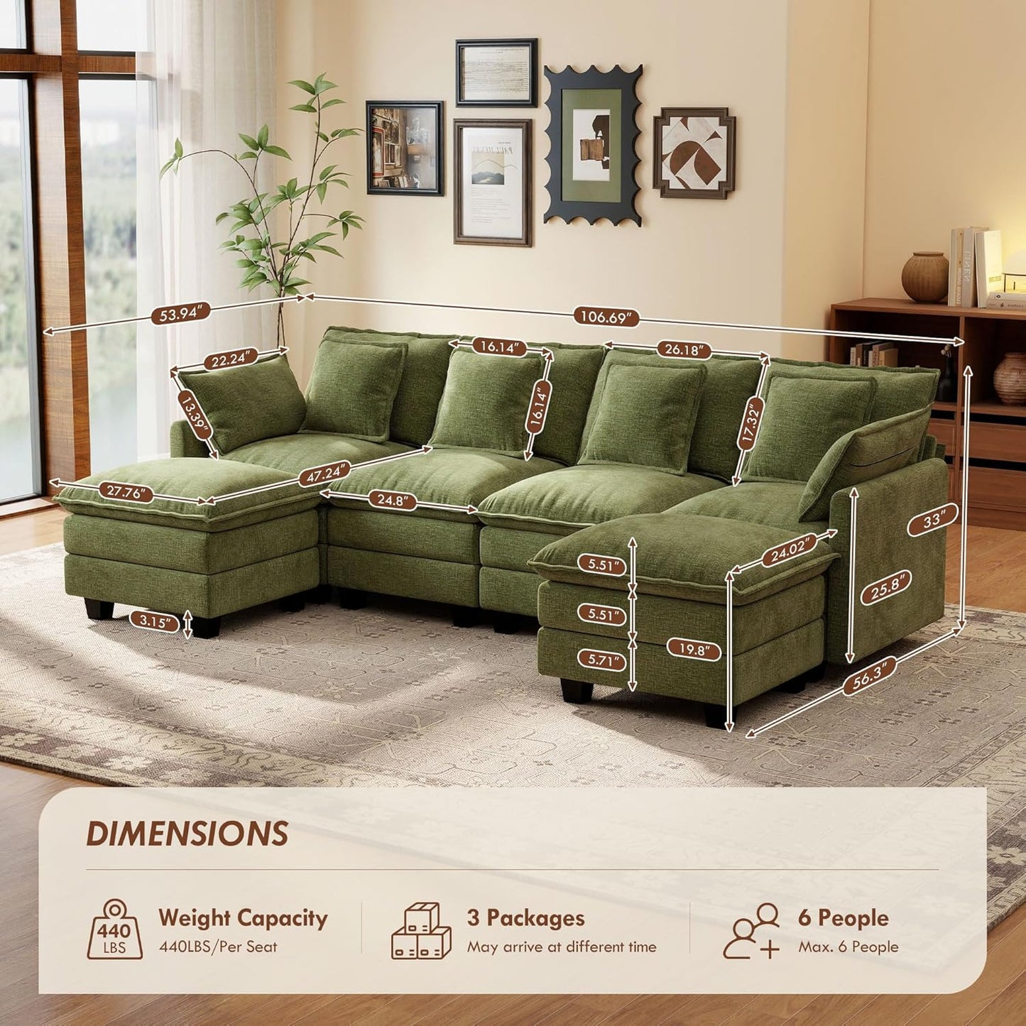 Ihanherry 106" L Shaped Modular Sectional Cloud Sofa, Modern 6 Seat Chenille Couch with Ottoman for Living Room, Bedroom and Apartment, Green