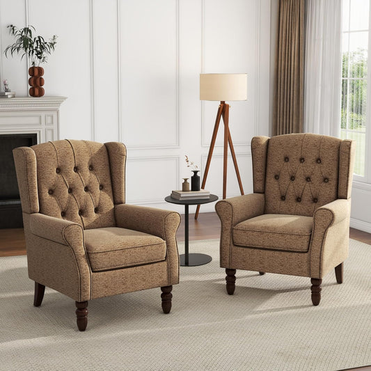 UIXE High Back Accent Chairs Set of 2, Upholstered Armchair in Fabric, Retro Wingback Arm Chair for Living Room, Comfy Single Sofa Bedroom Reading Seat with Solid Wood Legs - Brown