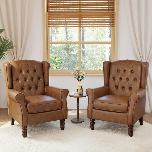 High Back Accent Chairs Set of 2,Upholstered Faux Leather Wingback Armchairs with Solid Wood Legs for Small Spaces,Comfy Single Sofa Chairs for Living Room,Bedroom,Office-Brown