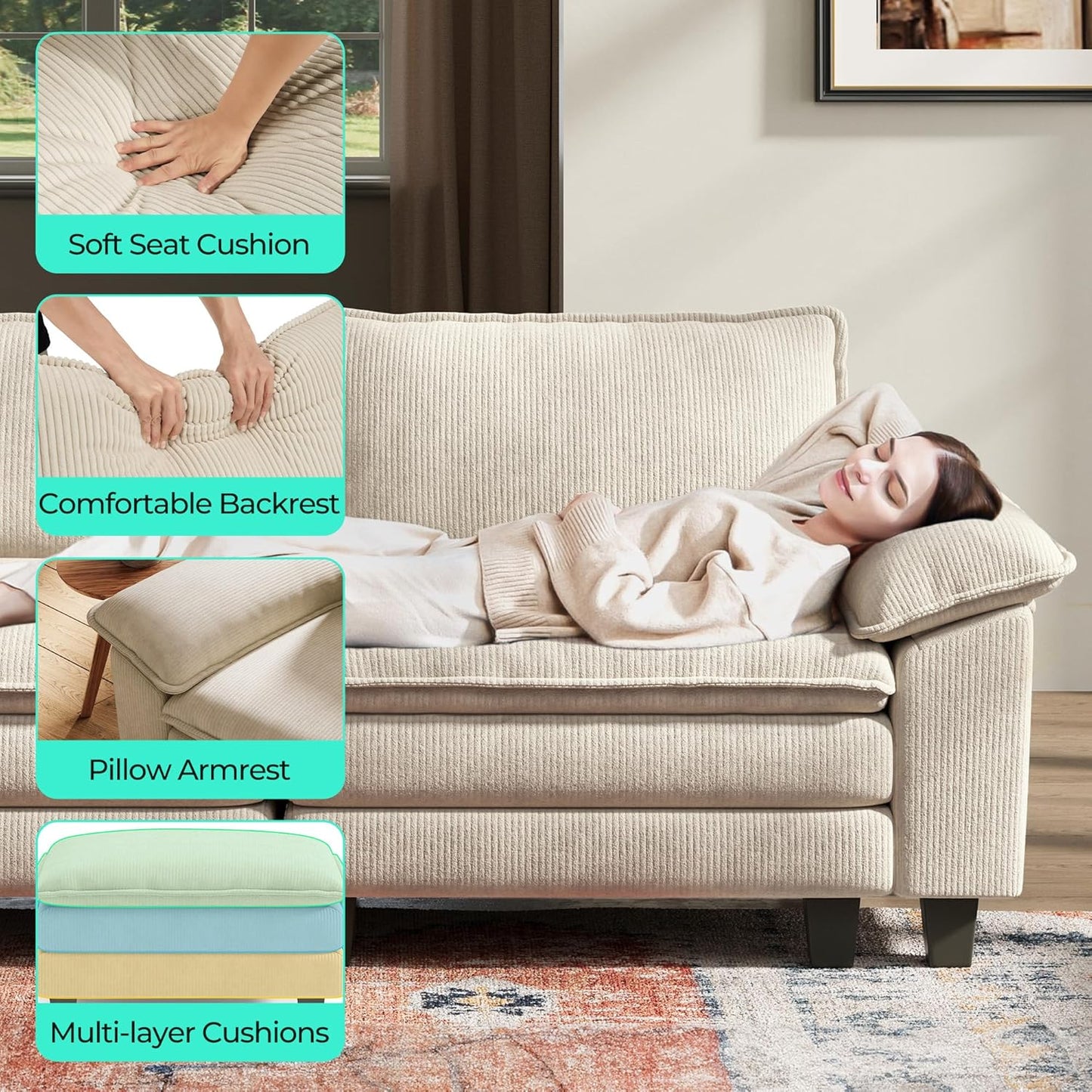 LINSY HOME Sectional Loveseat Sofa - 90'' Oversized Corduroy Cloud Couch Soft Modern Comfy Green Loveseat Couch Deep Seat Couches for Living Room Bedroom Apartment Office, Beige