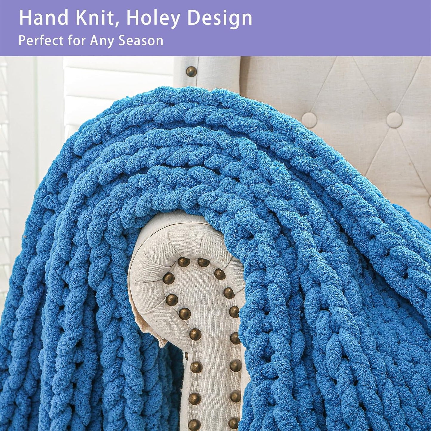 Bigacogo Chunky Knit Throw Blanket for Couch, 40x60 inches, 100% Hand Knitted with Thick Jumbo Chenille Yarn, Cozy Soft Large Rope Knot Cable Crochet Blankets for Sofa Bed Living Room, Bright Blue