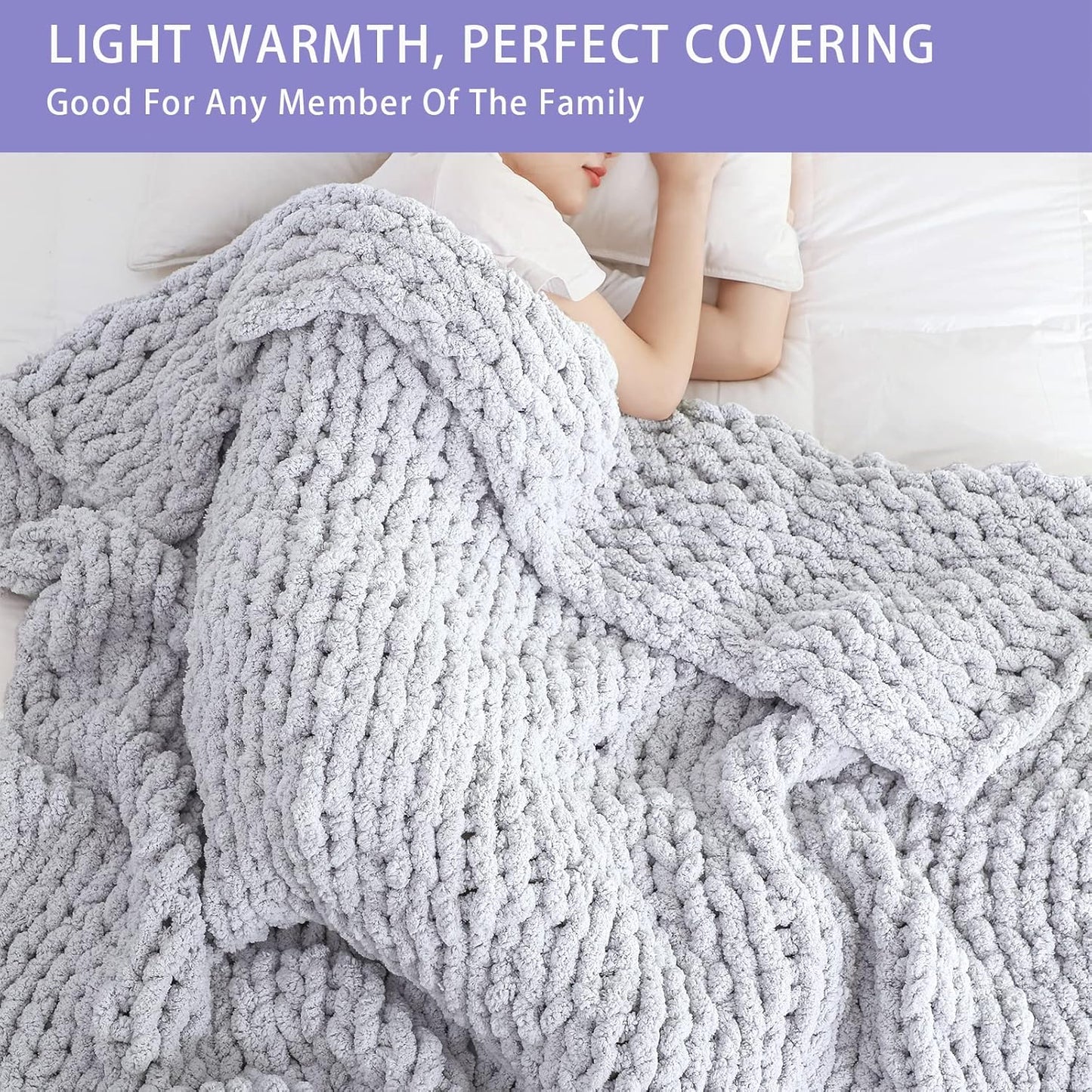 Bigacogo Chunky Knit Throw Blanket for Couch, 80x90 inches, 100% Hand Knitted with Thick Jumbo Chenille Yarn, Cozy Soft Large Rope Knot Cable Crochet Blankets for Sofa Bed Living Room, Light Grey