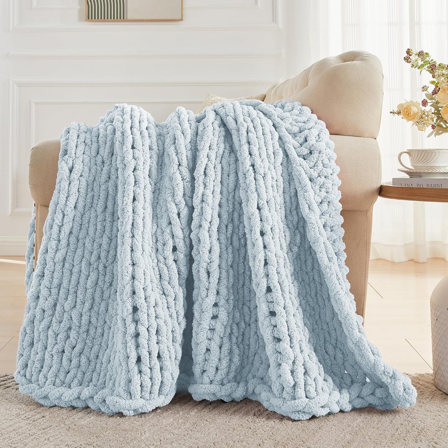Carriediosa Chunky Knit Throw Blanket 60" X 80" Twin, 100% Hand Made Large Chenille Loop Yarn Soft Fluffy Throws for Couch Sofa Bed, Big Crochet Cozy Heavy Thick Cable Woven Blanket, Light Blue