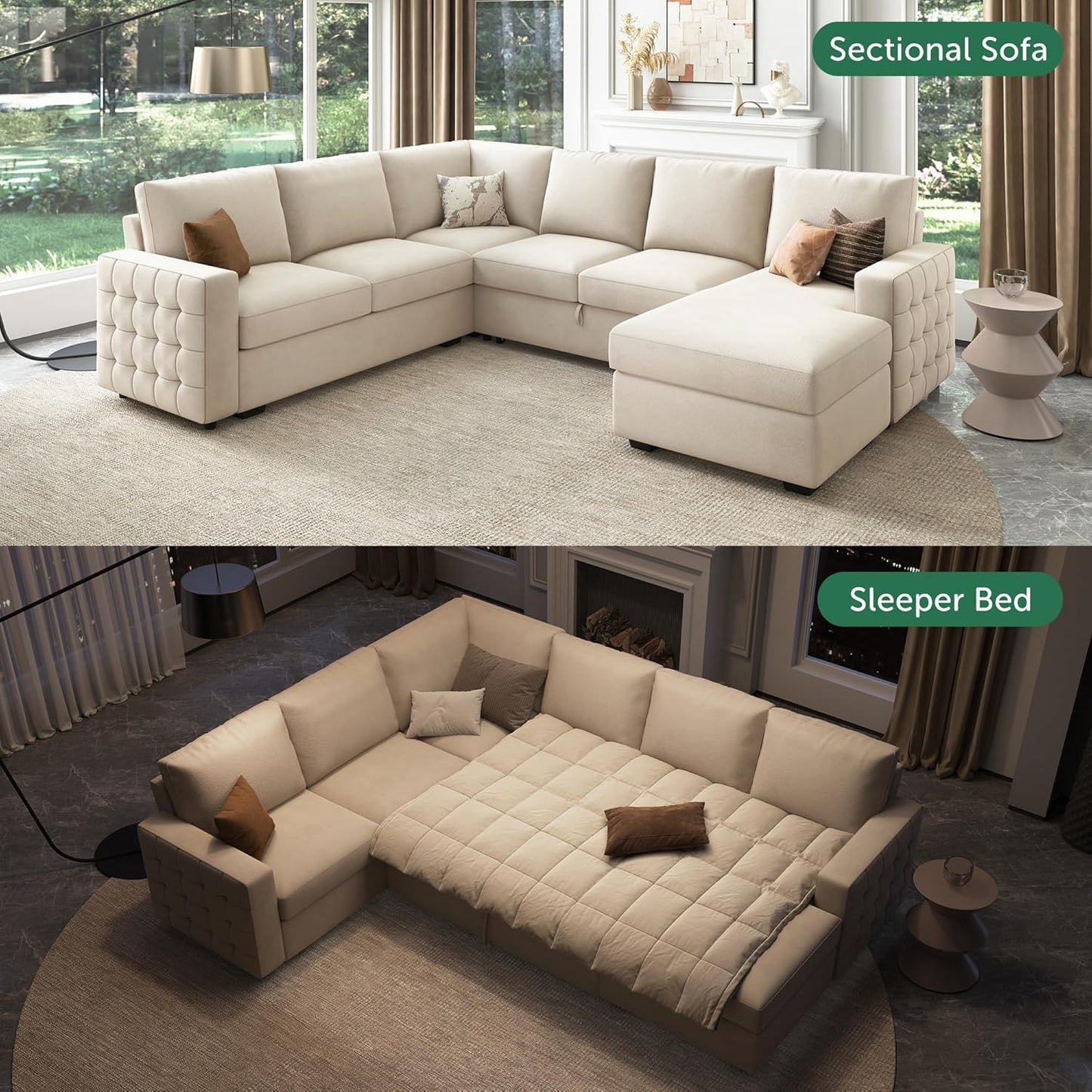 HONBAY Sectional Couch with Pull Out Bed, Sectional Sleeper Sofa with Storage, U Shape Couches for Living Room, Velvet Beige