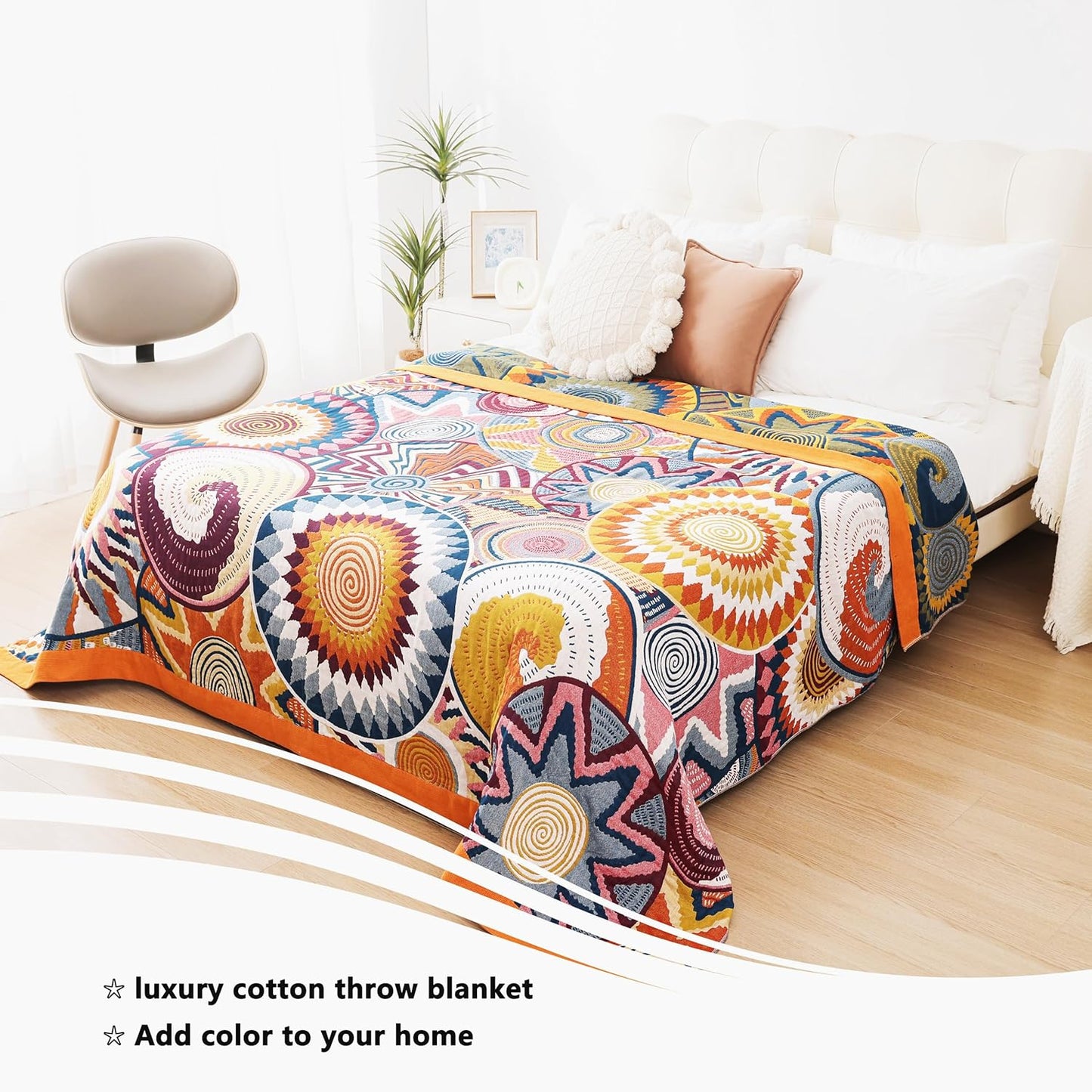 Boho Throw Blanket, 100% Organic Muslin Cotton Breathable Ultra Soft Bed Quilt Throw - All Season Floral Bird Butterfly Farmhouse Decor Blanket for Sofa Couch Chair and Gift. 60" x 80"