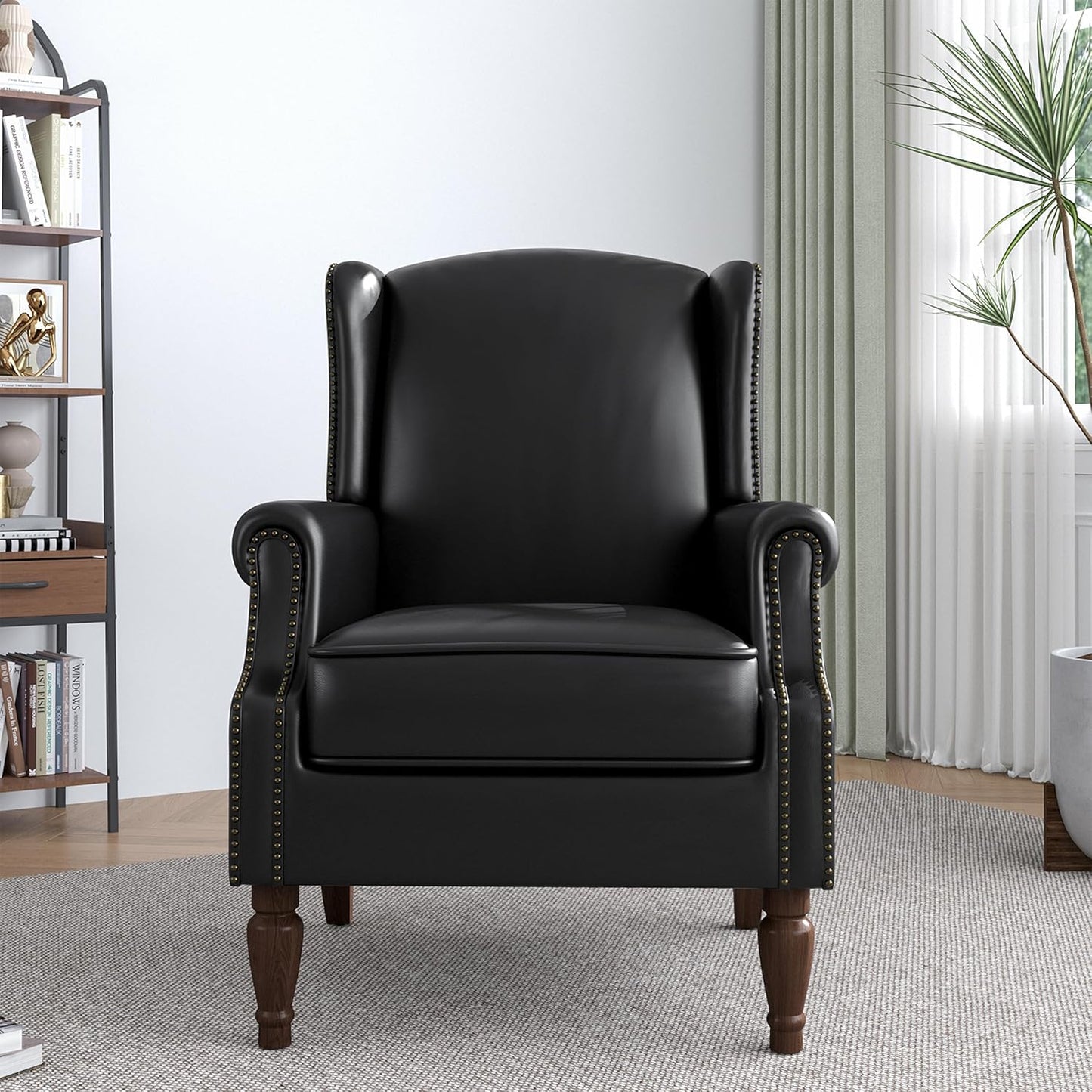 Accent Chair, Faux Leather High Back Armchair or Living Room, Comfy Upholstered Single Sofa Reading Chair with Solid Wood Legs for Office, Bedroom, Waiting Room-Black