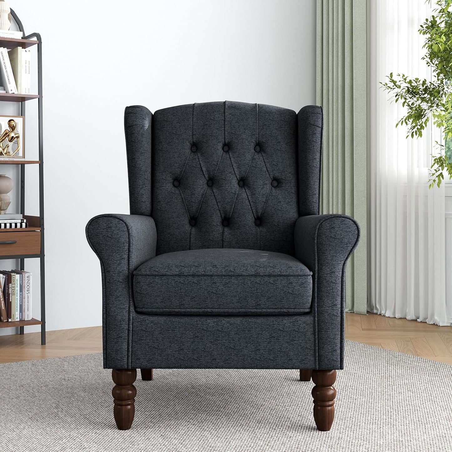Lumibee High Back Accent Chair,Upholstered Wingback Armchair with Solid Wood Legs for Small Spaces,Comfy Single Sofa Chair for Living Room,Bedroom,Office-Black Blue