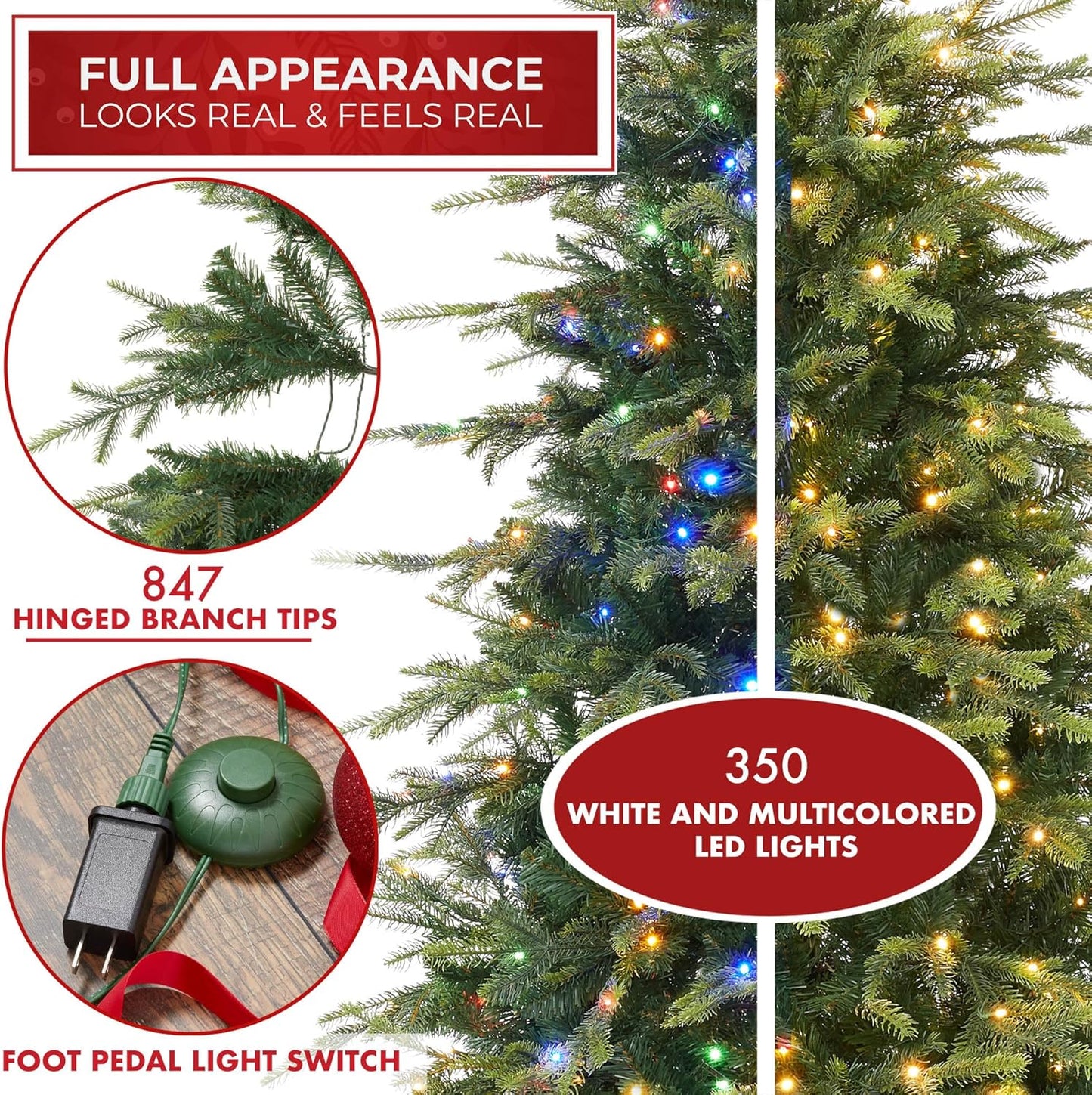 Casafield 6.5FT Pre-Lit Slim Green Aspen Fir Artificial Holiday Christmas Tree with White & Multicolored LED Lights, Realistic Noble Fir with Metal Stand