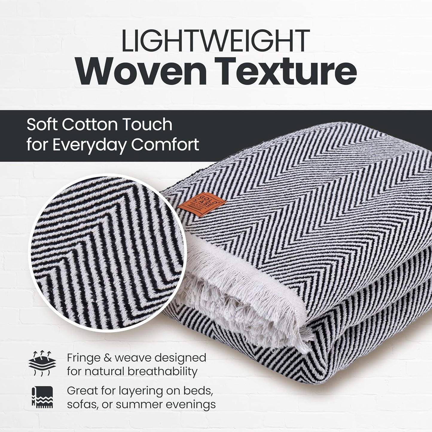 Gold Case Throw Blanket for Bed – 100% Recycled Turkish Cotton Bed Blanket – Decorative Throw Cotton Blankets for Living Room & Bedroom – Elegant Black Woven Queen Blankets – 90x90