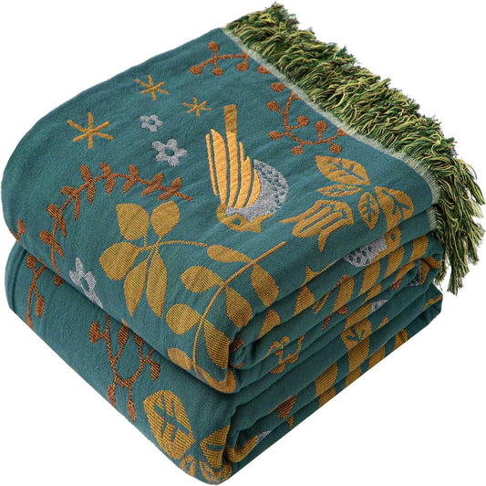 Boho Throw Blanket Queen Size, Oversized Soft Cozy Cotton Muslin Quilt Blanket for Bed Decor, Bird Patterned Couch Sofa Chair Cover, Vintage Farmhouse Cottage Woven Blanket, Green&Beige