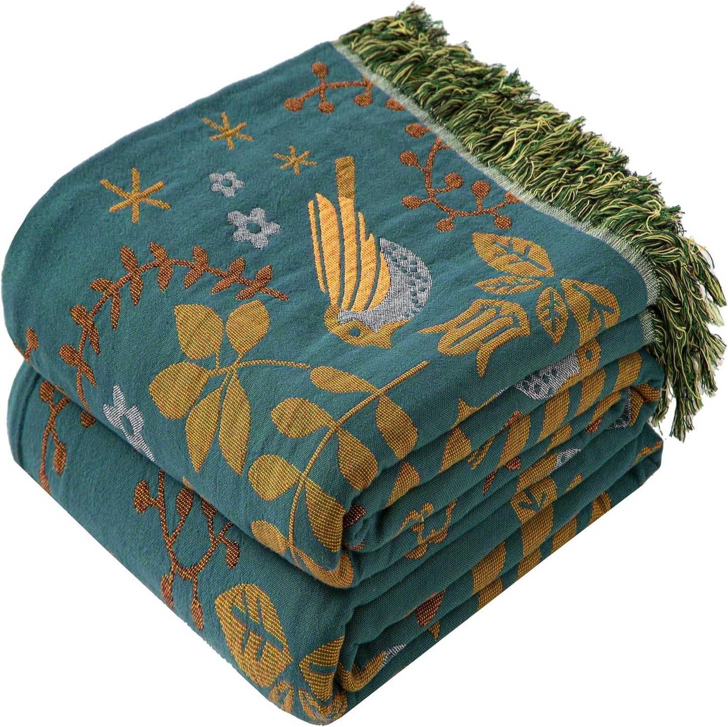Boho Throw Blanket Full Size, Extra Large Soft Cozy Cotton Muslin Quilt Blanket for Bed Decor, Bird Patterned Couch Sofa Chair Cover, Vintage Farmhouse Cottage Woven Blanket, Green&Beige