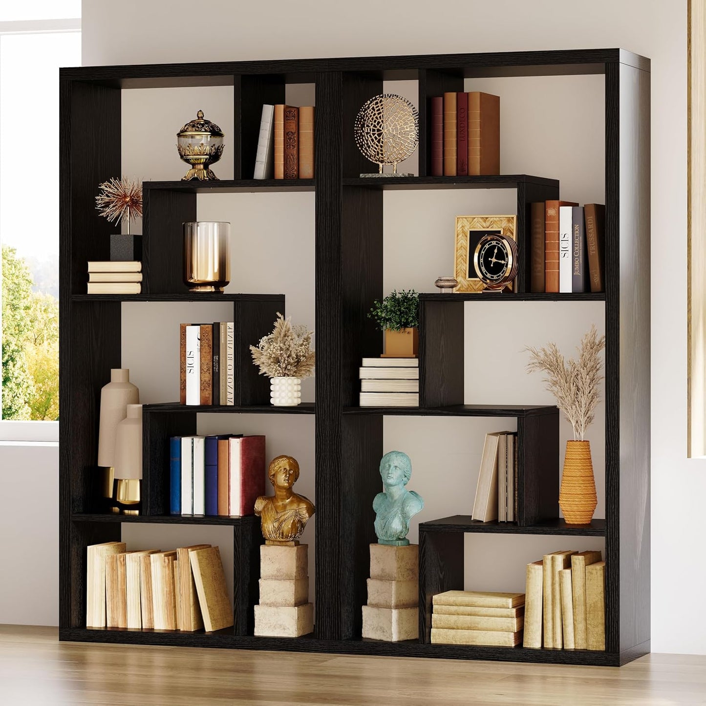 IRONCK Geometric Bookcase 6-Shelf Industrial Bookshelf Black Etagere Bookcase Tall Storage Display Bookshelf with Thicken Shelf for Living Room Home Office