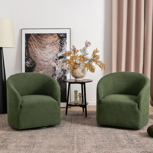 KINWELL 32" Wide Modern Boucle Swivel Barrel Chairs Set of 2, No Assembly Round Upholstered Swivel Accent Armchairs for Living Room, Bedroom (Green)