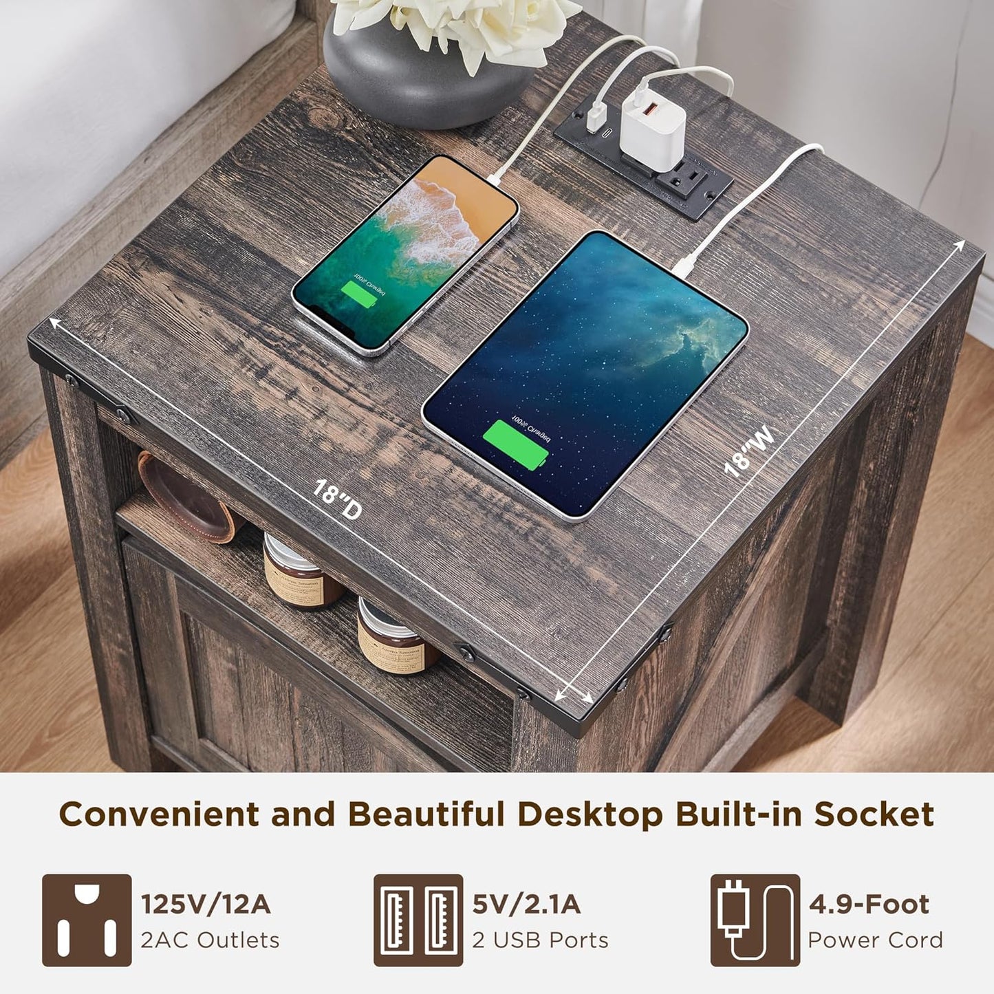 OKD Nightstand with Charging Station Set of 2, 18 Inchs Farmhouse End Table with Adjustable Storage Shelf, Rustic Wood Sofa Side Table for Bedroom