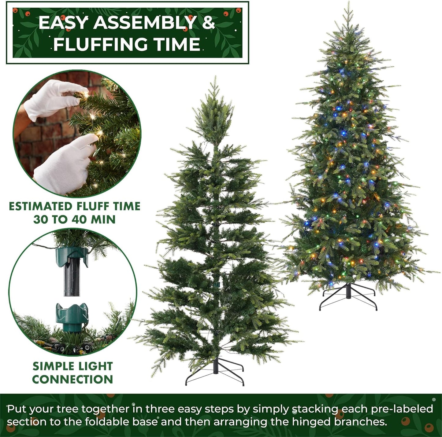 Casafield 6.5FT Pre-Lit Slim Green Aspen Fir Artificial Holiday Christmas Tree with White & Multicolored LED Lights, Realistic Noble Fir with Metal Stand