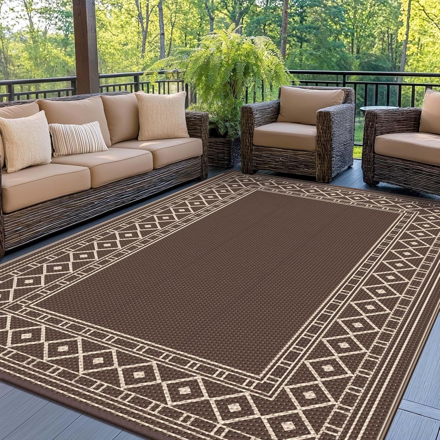GENIMO Outdoor Rug Waterproof for Patio, 9'x12' Foldable Reversible Plastic Straw Carpet for Travel Trailers, Outside Area Mat for Rv, Deck, Picnic, Porch, Camper, Balcony, Beach, Coffee & Beige