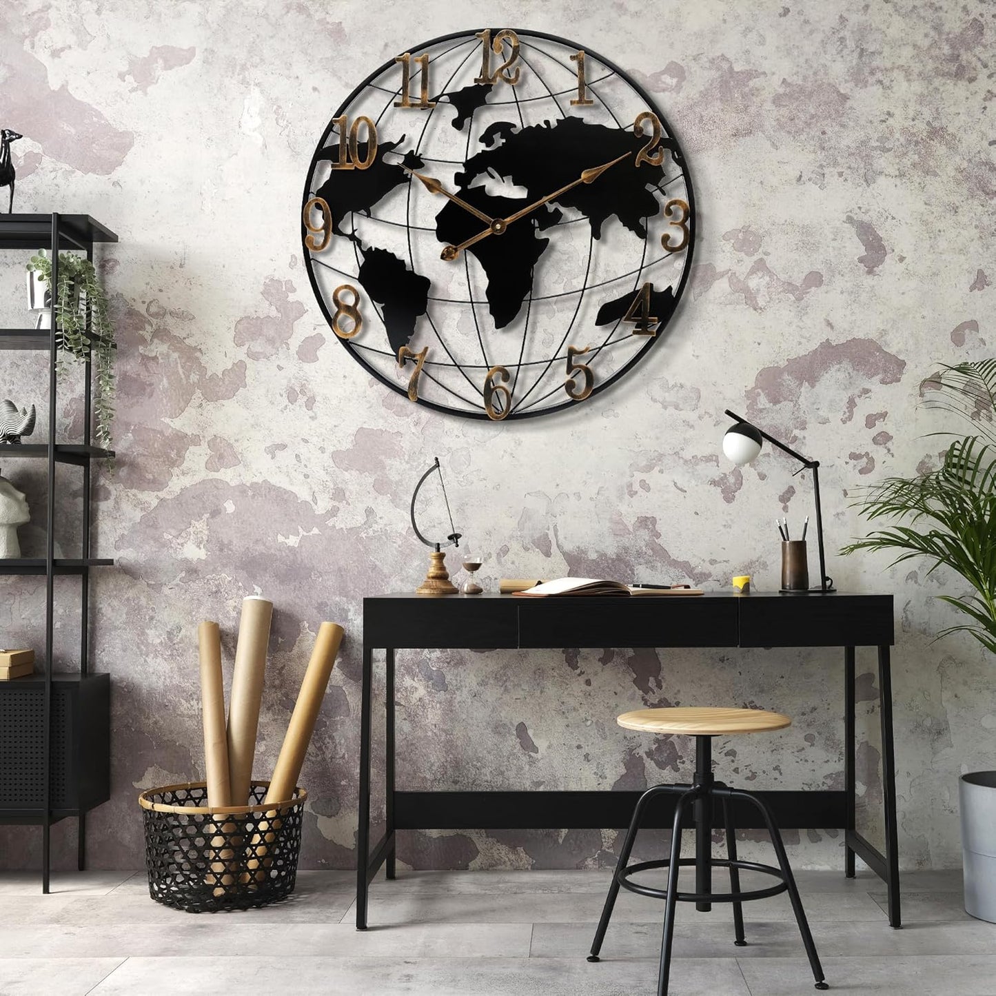 Extra Large World Map Wall Clock - 40 Inch Minimalist Modern Round Metal Silent Non-Ticking Battery Operated for Living Room Office Farmhouse Home Decor