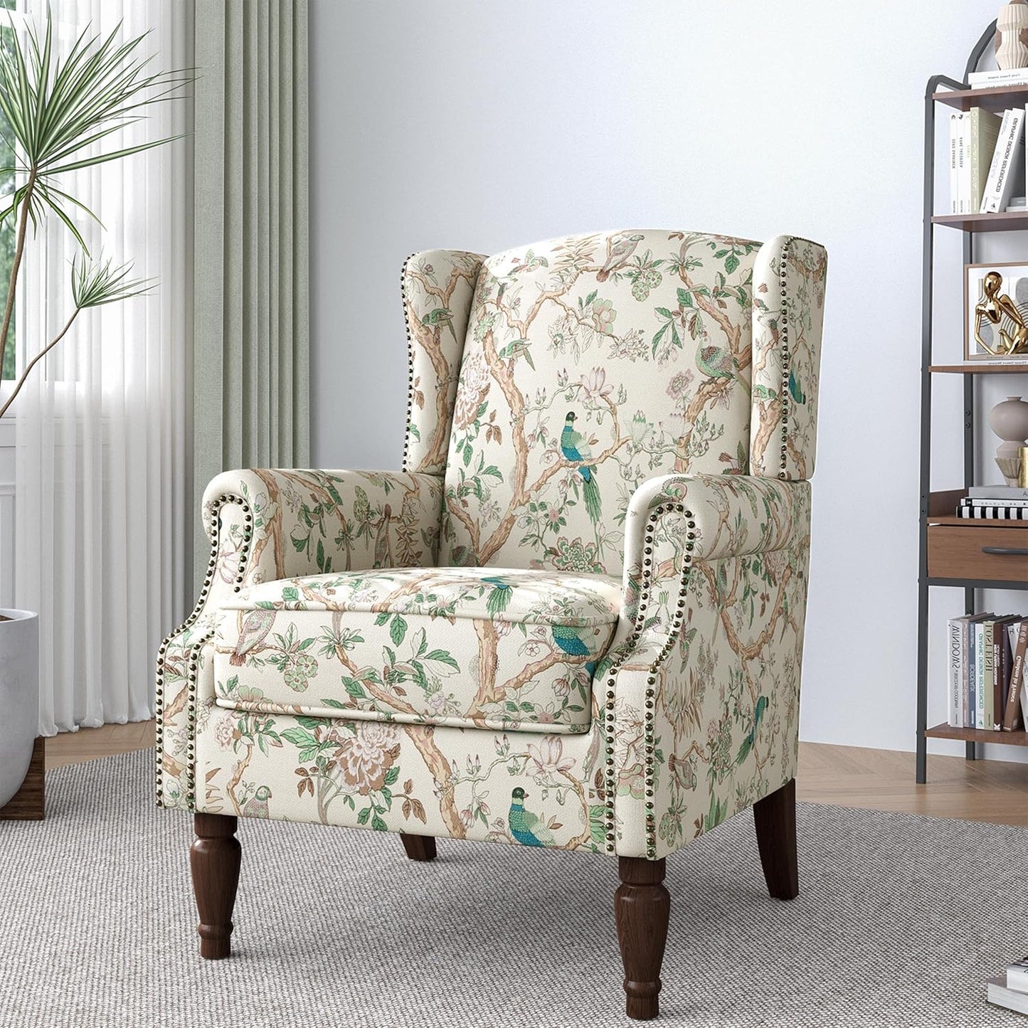 Lumibee High Back Accent Chair, Armchair in Fabric,Comfy Upholstered Wingback Single Sofa Reading Chair with Solid Wood Legs for Living Room,Bedroom,Office-Bird