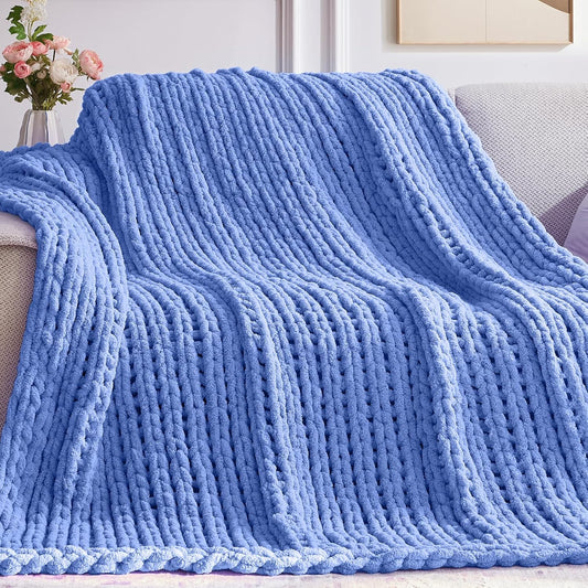 Chunky Knit Throw Blanket, 60''*80'' Knitted Throw Chenille Yarn for Bed Couch, Handmade Light Blue Crochet Big Thick Blanket, Machine Washable Cute Comfy Blanket for Home Decor