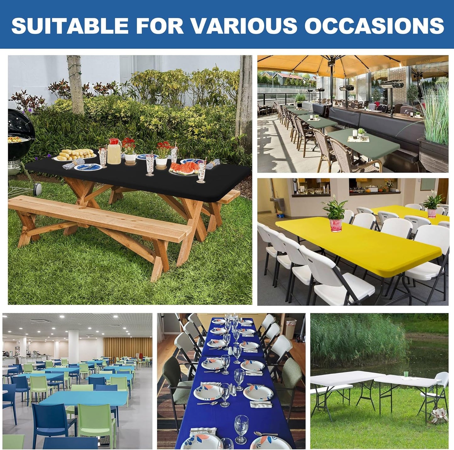 Fitted Tablecloth for 8 Foot Rectangle Tables-4 Pack White Elastic Outdoor Picnic Table Cover-Spandex Stretch Folding Table Cloths 8ft for Camping Dining Room Patio Kitchen Banquet Party