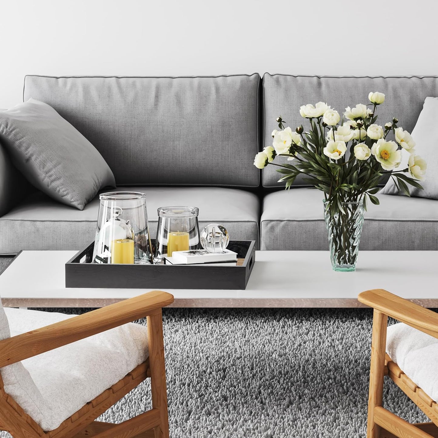 Wood Serving Tray with Handles, Home Decorative Wooden Rectangle Ottoman Decor Platter Vanity Tray for Breakfast Dinner Drinks Kitchen Dining Living Bathroom Restaurants Black Wooden