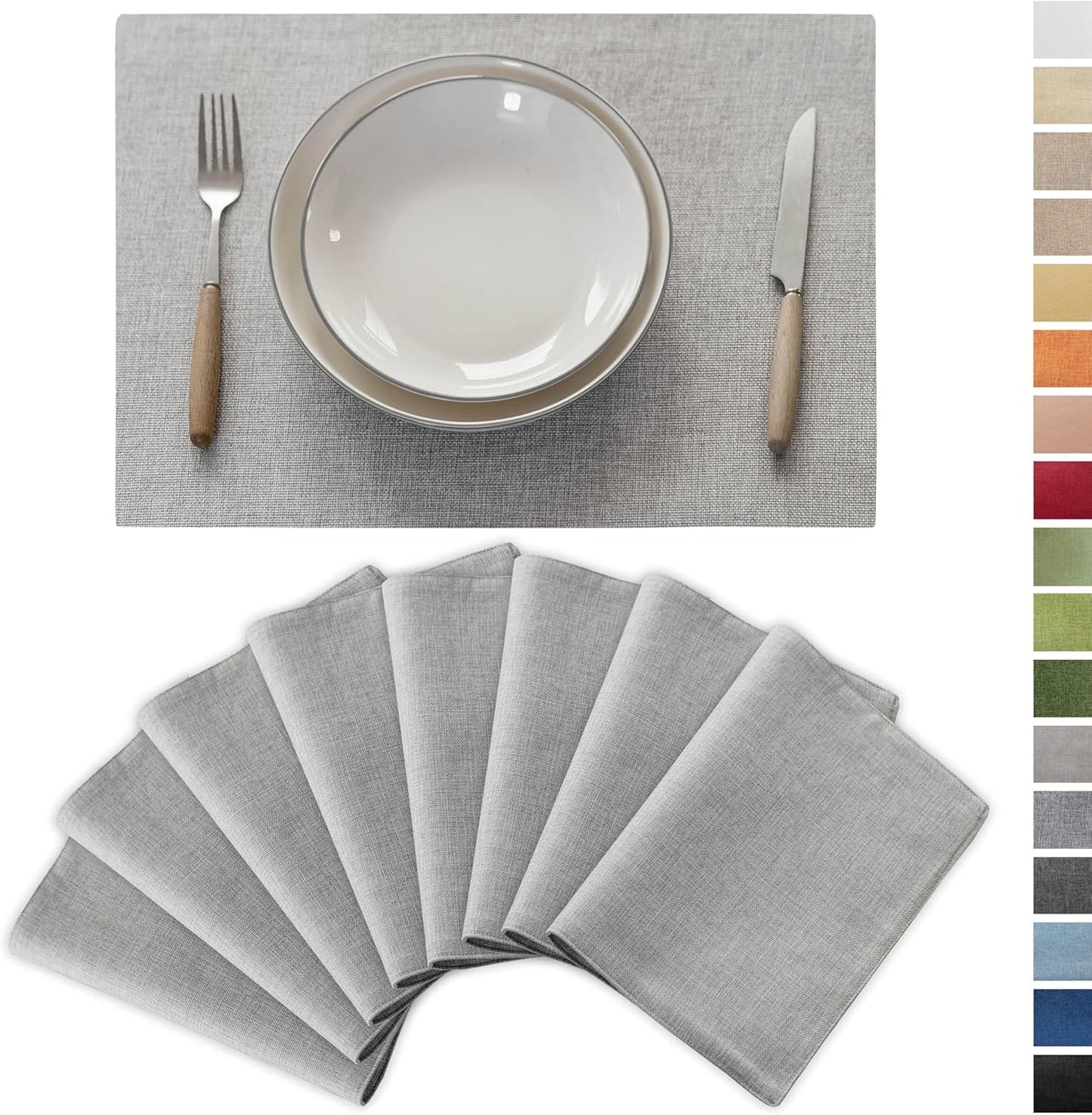 Demetex Placemats Set of 8 Grey Washable Fabric Place Mats Heat Resistant Linen Placemat for Indoor Kitchen Dining Room Tables, 13x19 inch, Light Grey