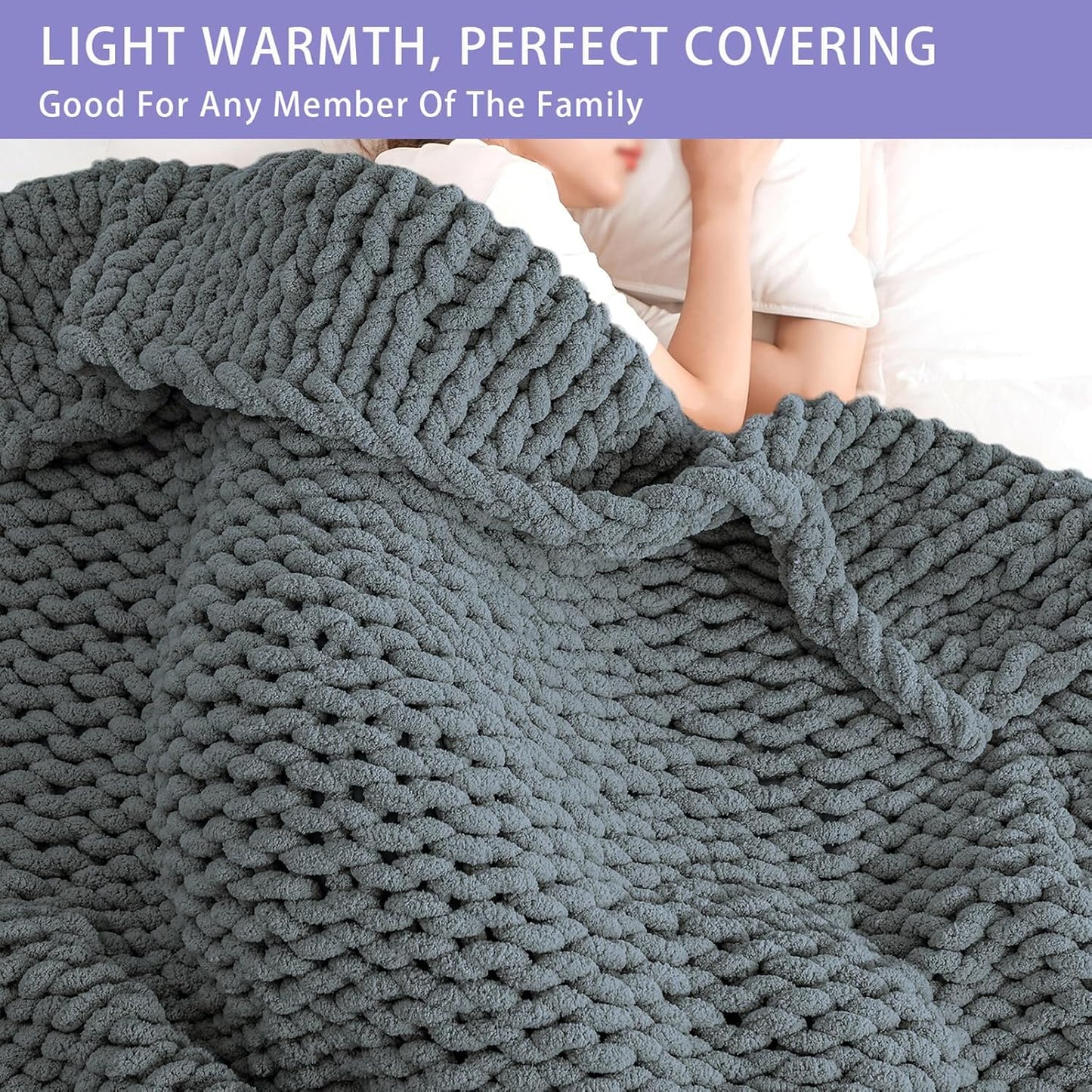 Bigacogo Chunky Knit Throw Blanket for Couch, 80x90 inches, 100% Hand Knitted with Thick Jumbo Chenille Yarn, Cozy Soft Large Rope Knot Cable Crochet Blankets for Sofa Bed Living Room, Iron Gray
