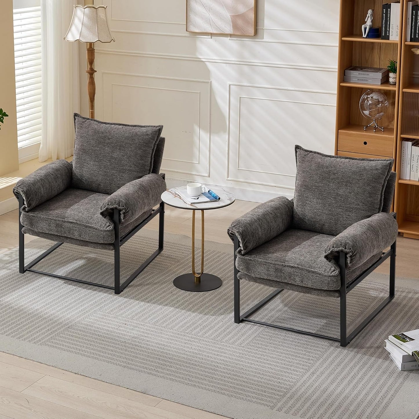 YISHENG Accent Chair with 6-Angle Adjustable Backrest, Chenille Fabric Living Room Chair Upholstered Lounge Chair, Modern Chair Cozy Reclining Chair for Reading Room, Set of 2 Gray