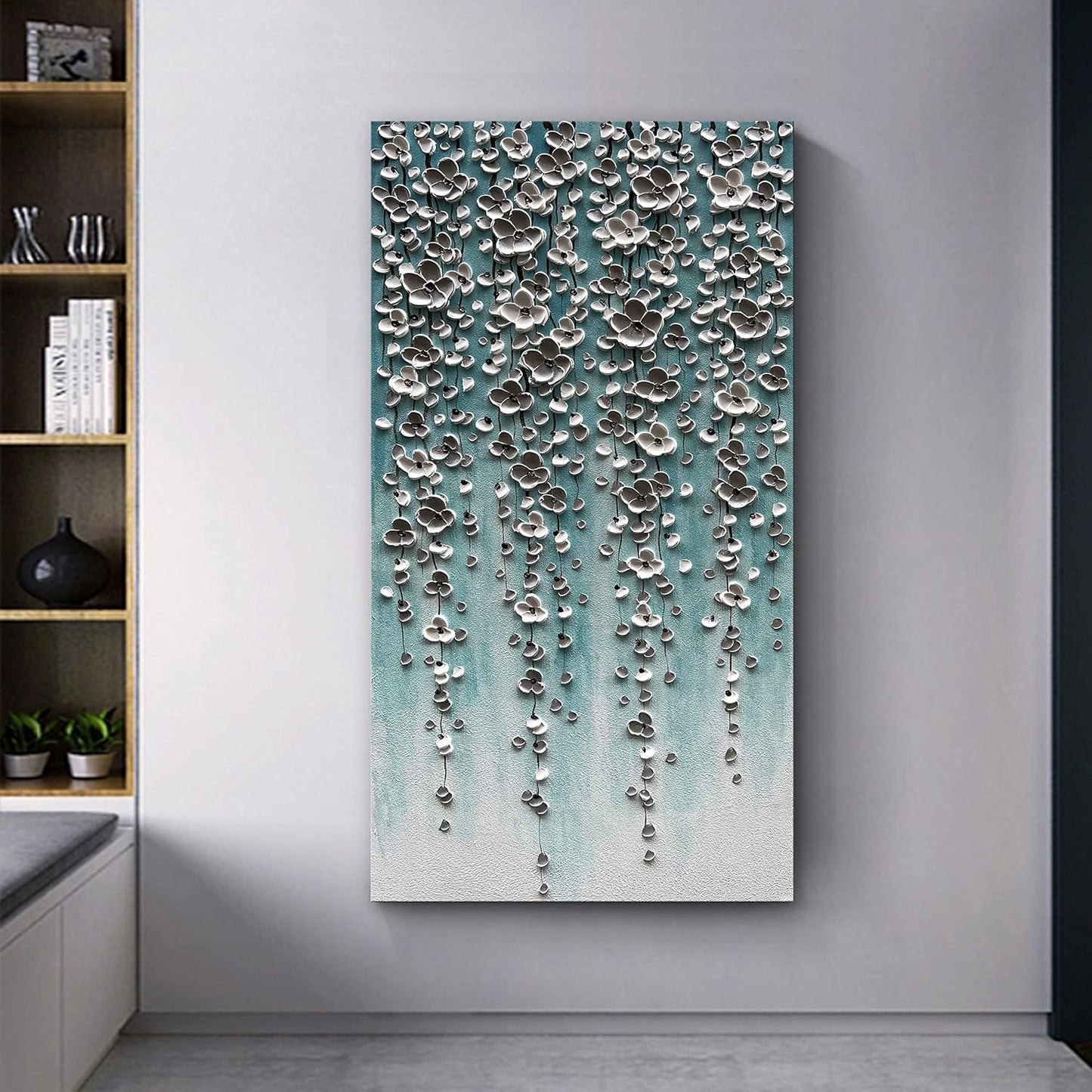 Epicler Large-Scale Oil Painting on Canvas Wall Art,46x23 inches Hand-Painted White Flower Wall Painting, Abstract Canvas Wall Art for Home Wall Decoration