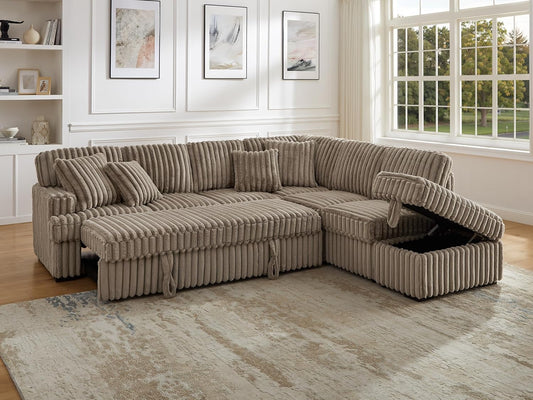 THSUPER 113-Inch Oversized L Shaped Plush Corduroy Fluffy Sectional Sleeper Sofa with Pull Out Bed and Storage Ottoman - Brown