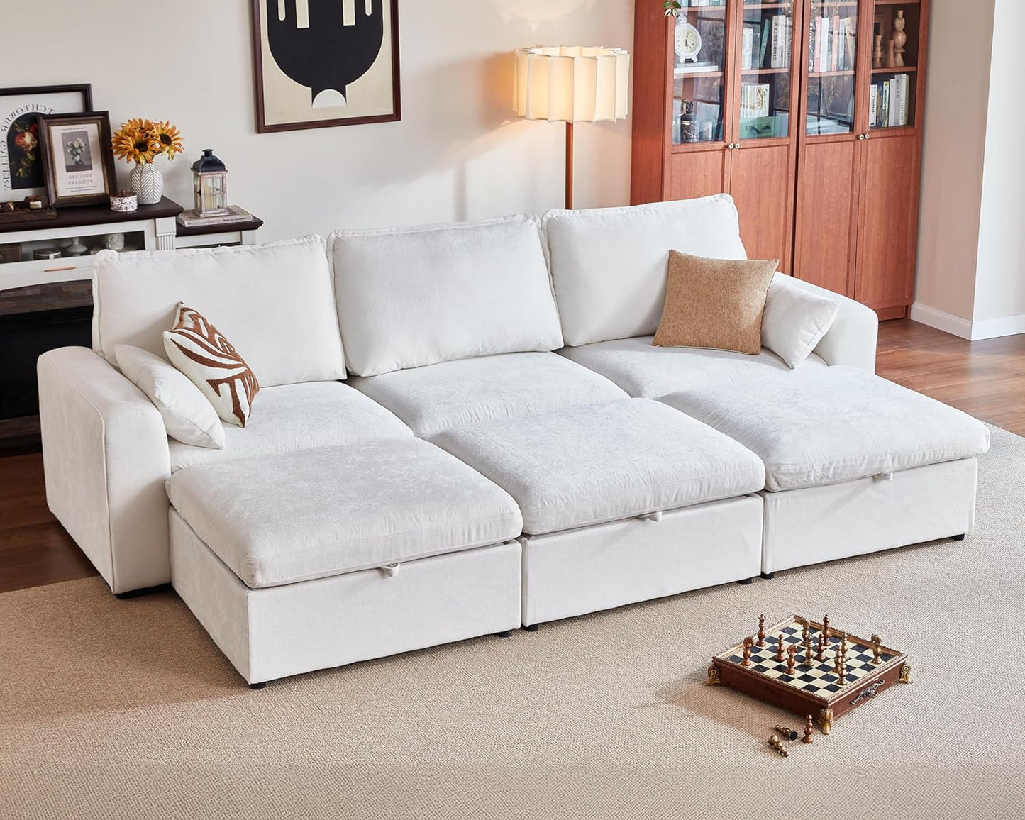 Oversized Modular Sofa Comfy Cloud Couch with Storage, Extra Deep Plush Sectional Sofa Set for Living Room, Covers Washable, Chenille, Olar (White, 6-Seater with 3 Ottomans, Sleeper)