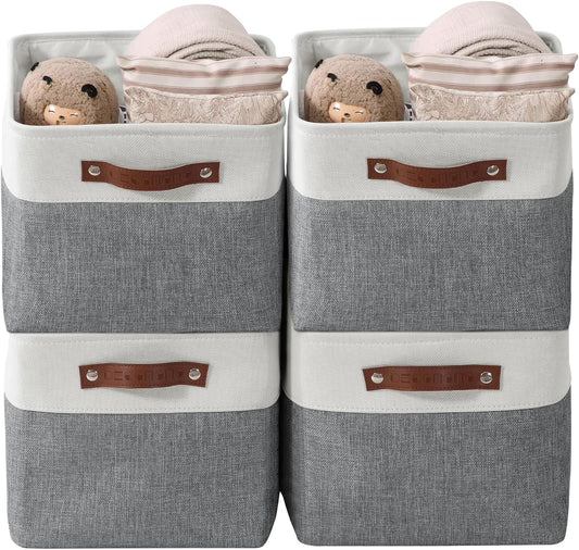 DECOMOMO Storage Bins Fabric Storage Baskets for Shelves, Linen Closet Organization Toys Nursery (Slate Grey and White, Large - 4 Pack)