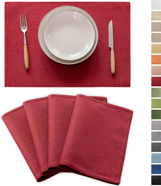 Demetex Christmas Placemats Set of 4 Heat Resistant Red Linen Place Mats Wipeable Cloth Placemats for Party Wedding Holiday Dinner, 13 x 19 inches, Wine Red
