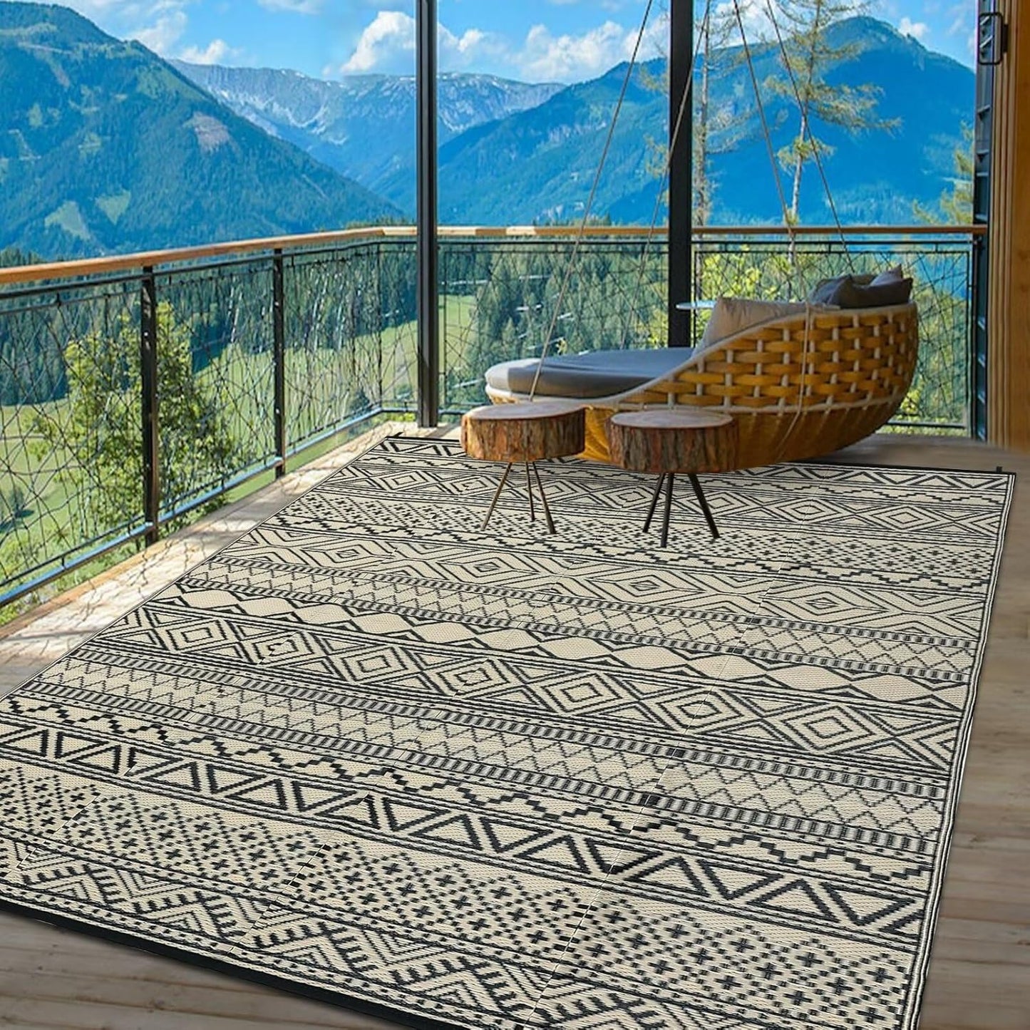 GAOMON Outdoor Rug for Patio Clearance 5x8 Reversible Plastic Straw Patio Rug for Camping Stain & UV Resistant RV Mats for Porch, Deck, Backyard, Camper, Balcony, Picnic, Black&Brown