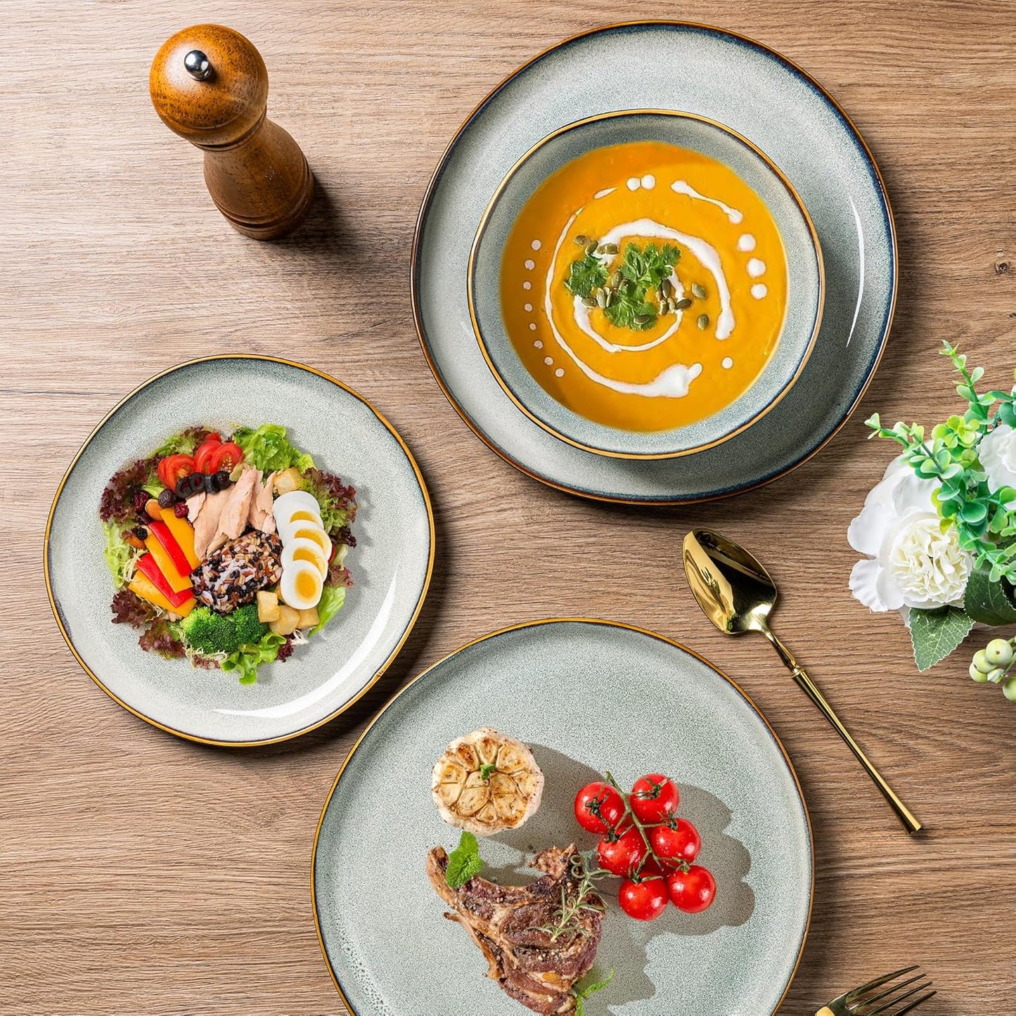 AmorArc Ceramic Dinnerware Sets,Handmade Reactive Glaze Stoneware Plates and Bowls Sets,Highly Scratch Resistant | Dishwasher & Microwave Safe Dishes Set,Service for 6 (18pc)