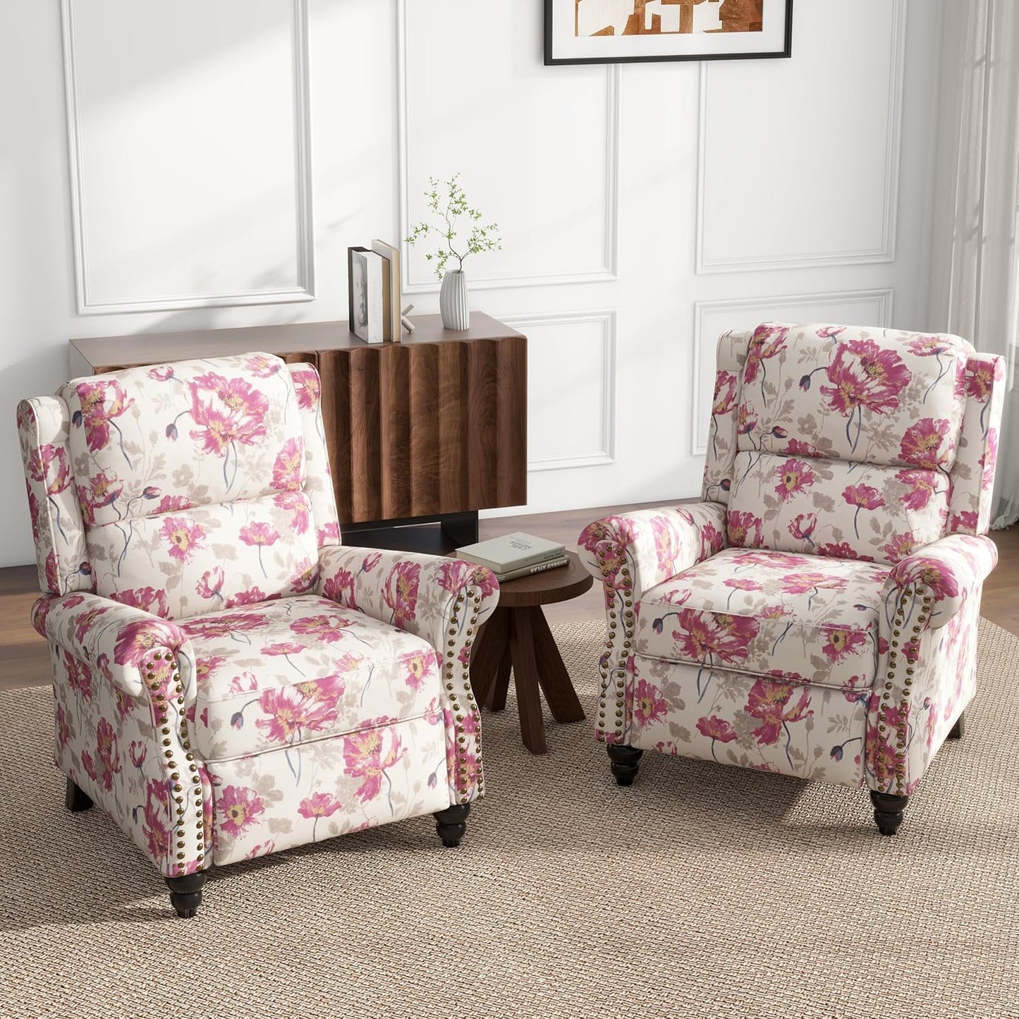 UIXE Pushback Recliner Chairs Set of 2, Fabric Armchair Push Back Accent Chair, Rivet Trim Club Chair Home Theater Overstuffed Single Sofa Reading Seat for Living Room, Pattern