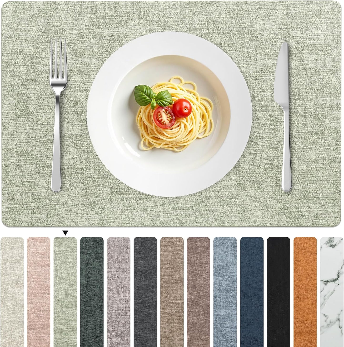 FROMHEART Faux Leather Placemats Set of 4–Waterproof,Heat/Oil Stain-Resistant PU Table Mat–Reversible,Non-Slip,Easy to Clean Place Mats for Kitchen,Dining,Indoor/Outdoor,(Light Green,11.8" x 17")