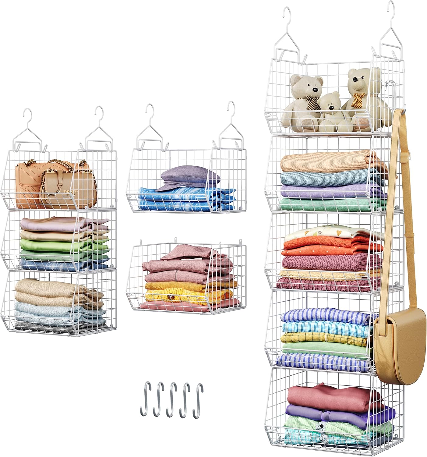 5 Tier Closet Hanging Organizer, Clothes Hanging Shelves with 4 Hanging Hooks 5 S Hooks, Wire Storage Basket Bins, for Clothing Sweaters Shoes Handbags Clutches Accessories Patent Design-White