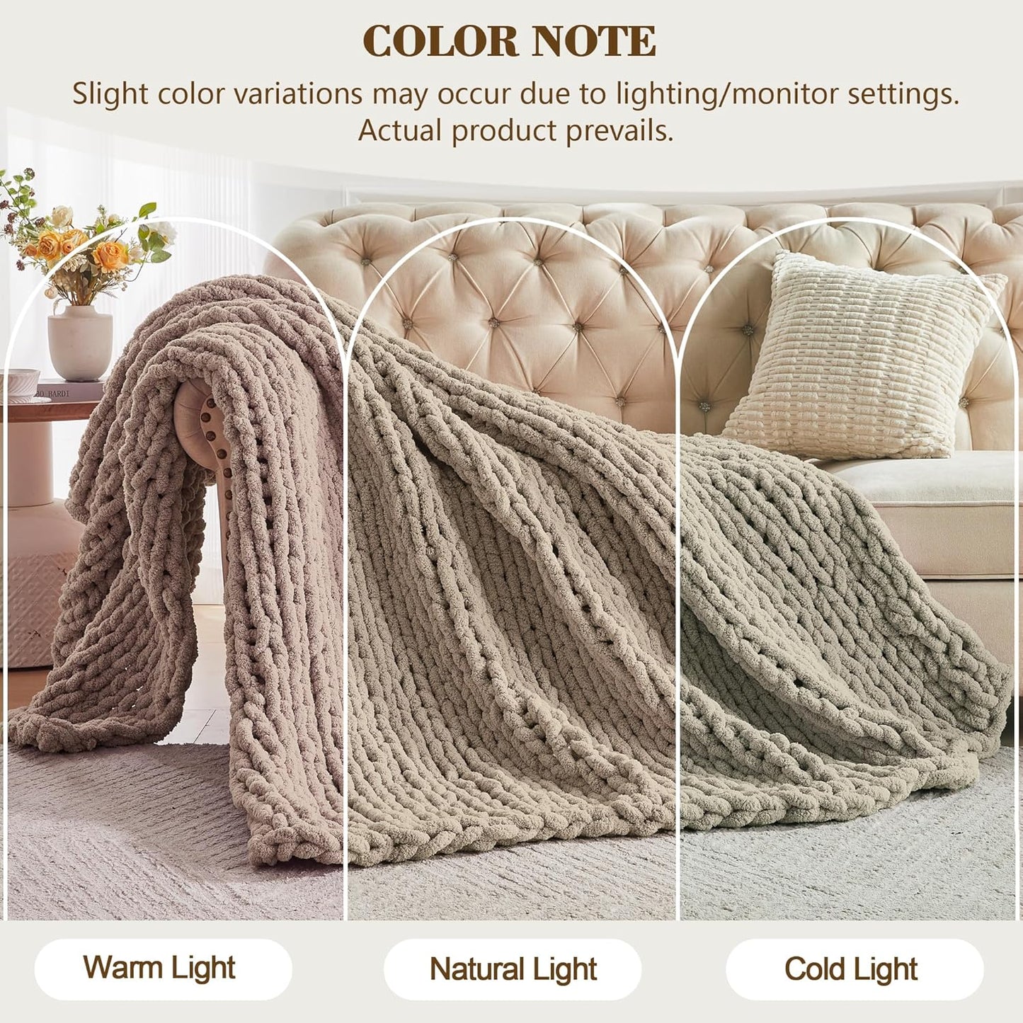 Carriediosa Chunky Knit Throw Blanket 50" X 60", 100% Hand Made Large Chenille Loop Yarn Soft Fluffy Throws for Couch Sofa Bed, Big Crochet Cozy Heavy Thick Cable Woven Blankets, Taupe