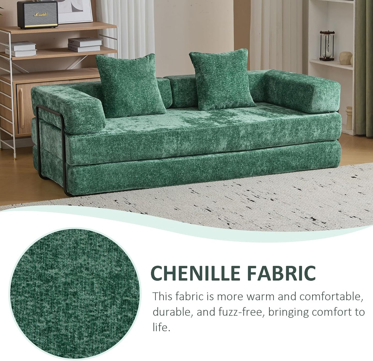 Convertible Sleeper Sofa Bed, Compression Folding Sofa with Pillow, No Assembly Required, Shape Frame, Floor Sofas Lounge Couch for Living Room, Bedroom, Small Spaces(Chenille, 77''W, Dark Green)